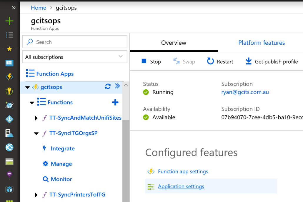 Open Application Settings For Azure Function
